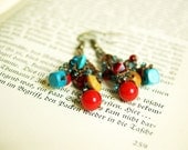 Bold Summer - crocheted earrings - red, turquoise and brown- Free Worldwide Shipping