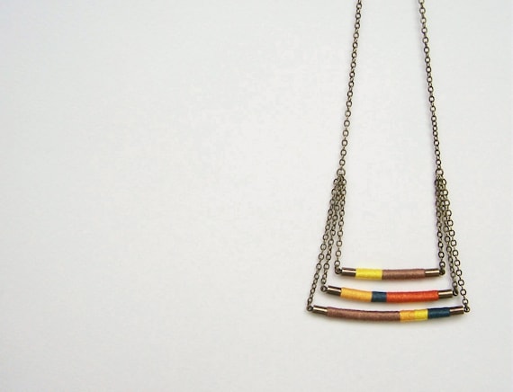 swing tier DAVIS necklace - textile and leather with antiqued brass chain (canary spruce mocha mango carrot)