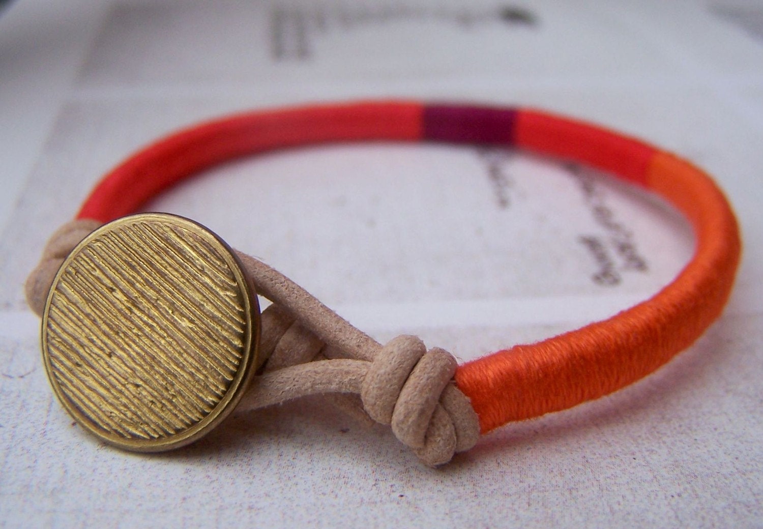 COOPER bracelet - textile and leather with metal button (persimmon wildberry kumquat)