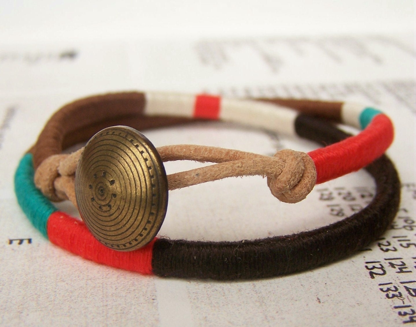 COOPER double wrap bracelet - textile, leather, button closure (chestnut ecru persimmon cola teal), handmade jewelry