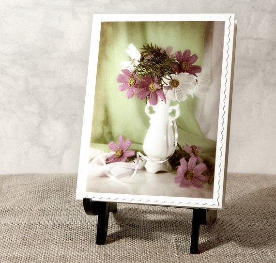 Purple white cosmos flower blank photo note card rustic folded greeting card wedding birthday anniversary any occasion rusteam,