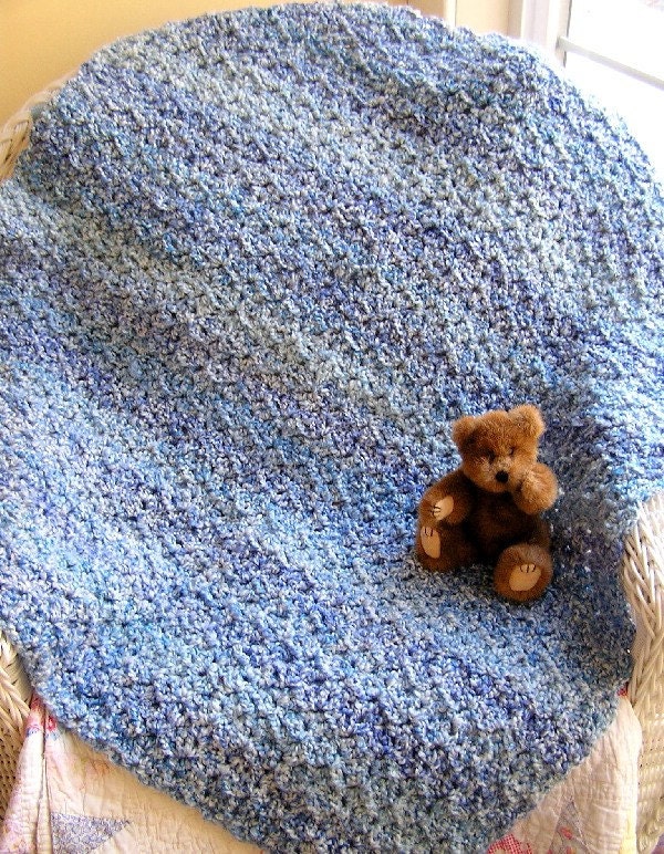 baby blanket toddler afghan lapghan lap robe throw lion brand homespun yarn delft blue ultra soft crochet knit made in the USA