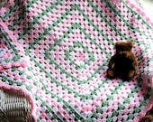 crochet knit baby toddler blanket afghan wrap GRANNY SQUARE honeydew green baby pink white easter made in the USA