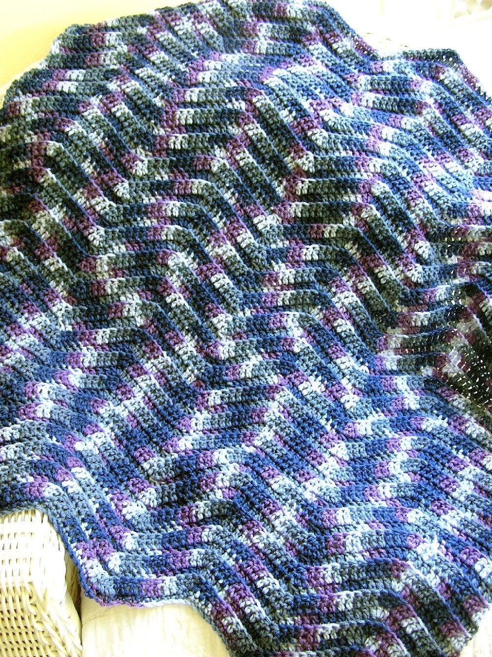 chevron zig zag baby blanket afghan crochet knit toddler wrap ripple blueberry pie variegated purple lilac blue berry made in the USA