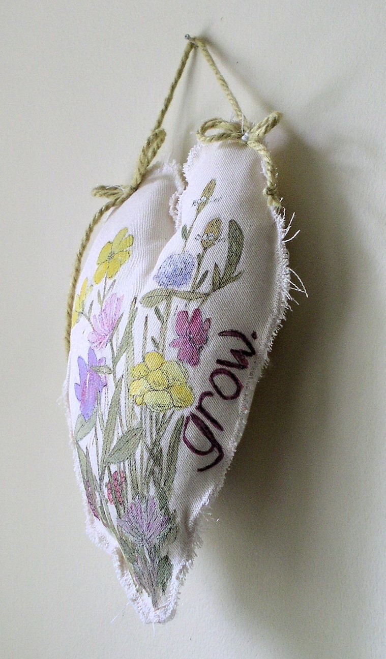 Heart Pillow Hand Painted Fabric Farmhouse Cottage Chic Fairy Wish Grow