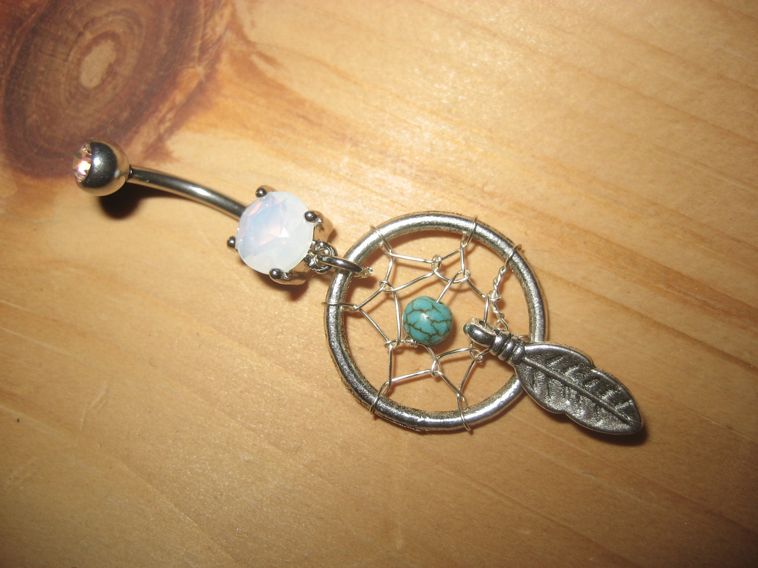 Turquoise Dream Catcher Belly Button Ring- Jewelry Feather Stone Dreamcatcher Charm Dangle Navel Piercing Bar Barbell