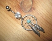 Belly Button Jewelry- Turquoise Feather Dream Catcher Ring- Stone Dreamcatcher Charm Dangle Navel Piercing