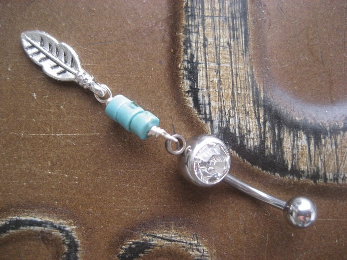 Belly Button Jewelry Ring- Delicate Turquoise Stone Leaf Beaded Dangle Navel Piercing