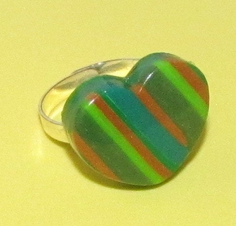 Green and Gold Striped Heart Adjustable Ring - handmade polymer clay