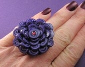 Big Purple Flower Cocktail Ring - handmade polymer clay and Swarovski crystal