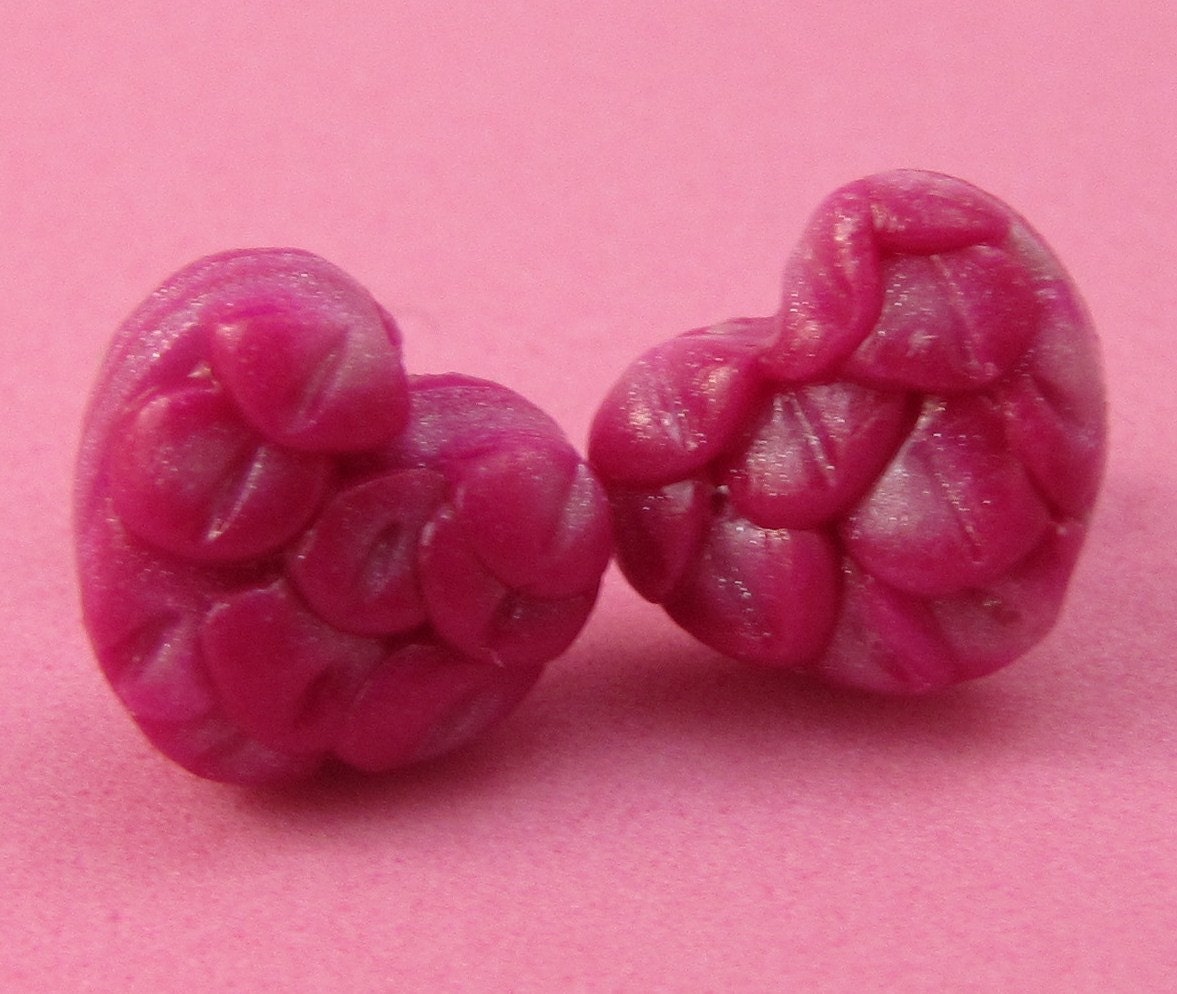 Magenta Feather Valentine Heart Post Earrings -  handmade polymer clay