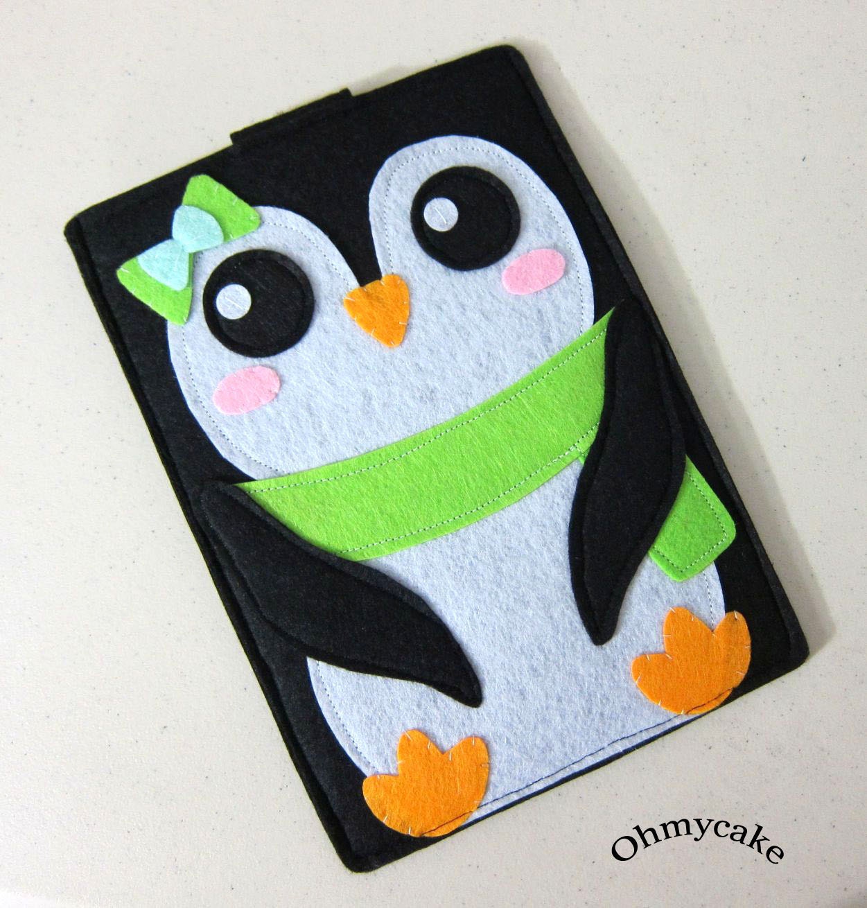 Handmade Felt Kindle Case - Kindle 3 Cover - Kindle Fire Case - Kindle Touch Cover - Nook Case - Kindle Felt Sleeve - "Girly Penguin" Design