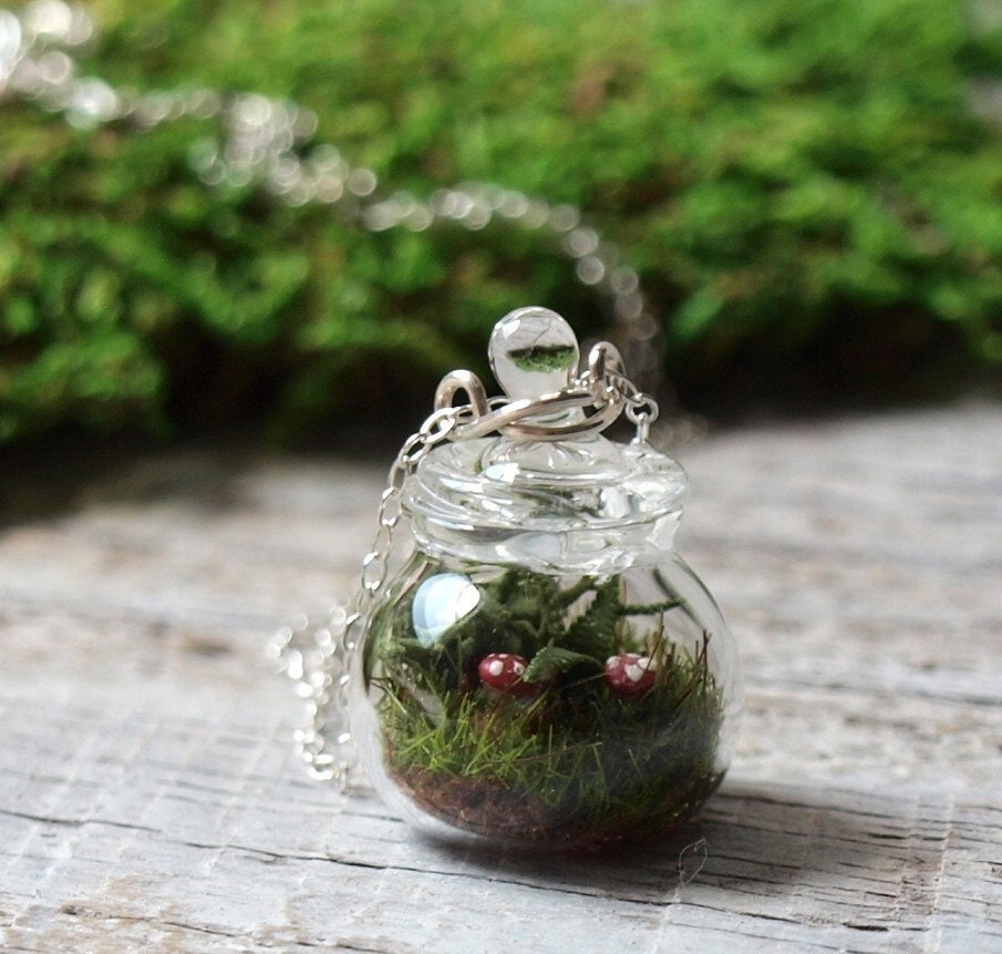 Tiny Moss, Mushroom and Fern Terrarium Necklace