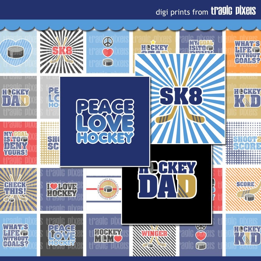 Ice Hockey Rocks Dark Digital Collage Sheet (No. 603) - 1 Inch Square Tiles for Glass Pendants, Magnets, and More