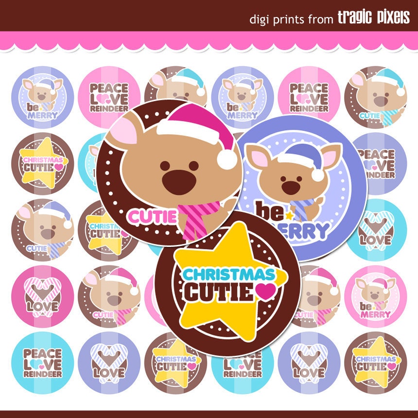 Reindeer Cutie Christmas Bottle Cap Images - 4x6 Digital Collage Sheet (No. 824) - 1 Inch Circles for Bottlecaps, Hair Bows, Magnets, & More