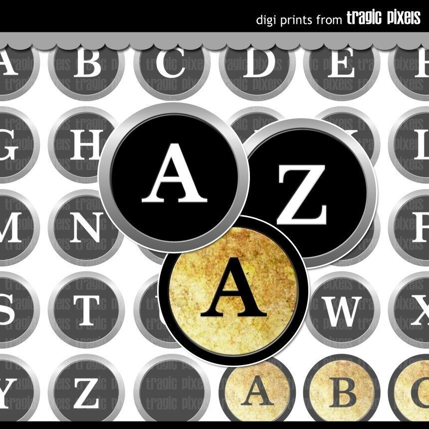 CLASSIC TYPEWRITER KEYS ALPHABET SET DIGITAL COLLAGE SHEET (NO. 526) - 1 INCH CIRCLES FOR ROUND BOTTLE CAPS, PEBBLE MAGNETS, STICKERS, AND MORE