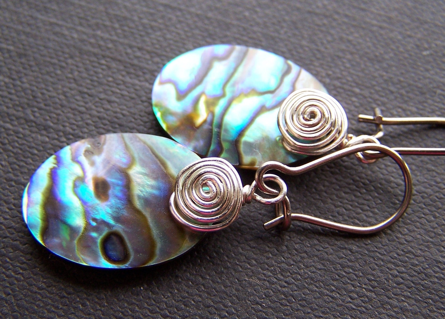 pure titanium paua shell silver swirl kidney wire earrings - ocean waters - handmade by variya on etsy
