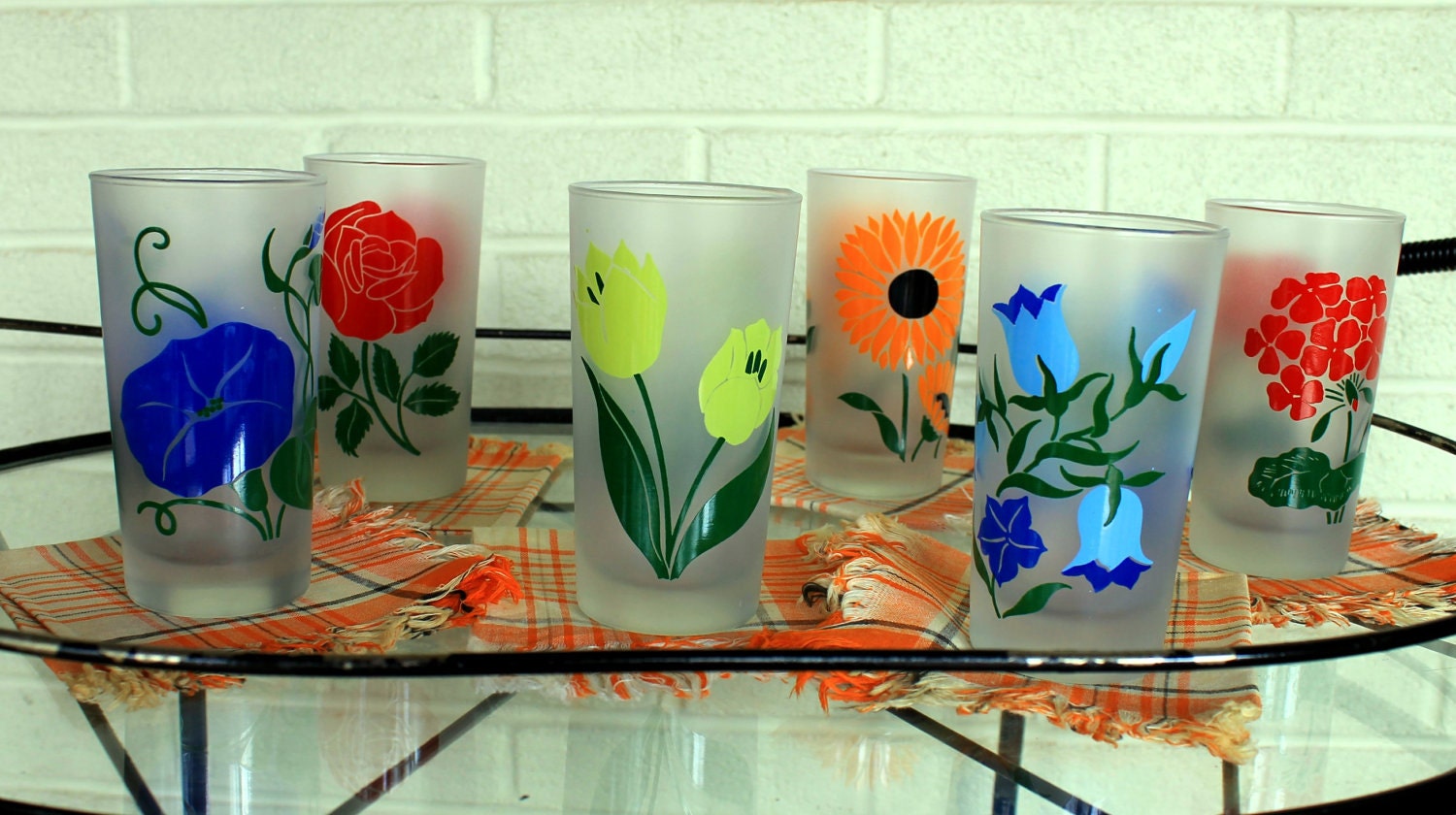 Vintage Flower Drinking Glasses - set of 6