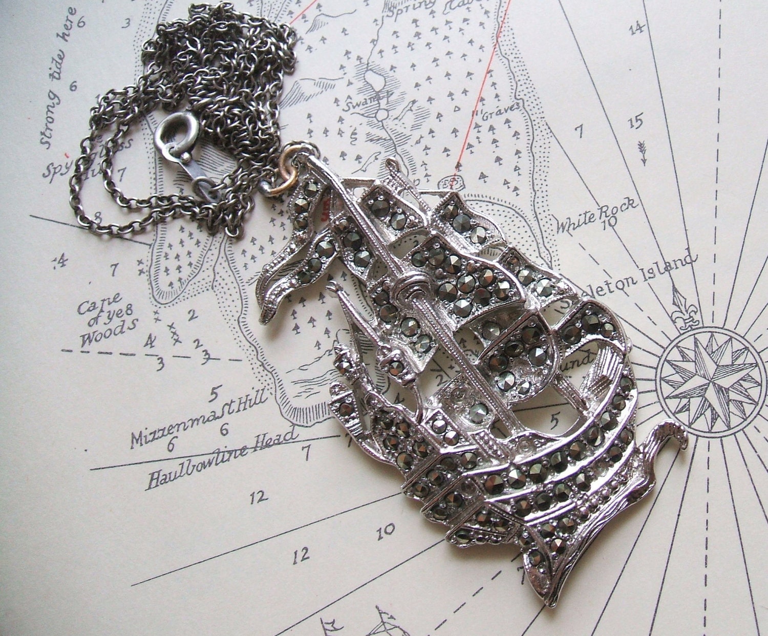 Vintage marcasite brooch pirate ship necklace