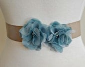 Champagne Blue Double Blooms Sash, Bridal Sash, Floral Sash
