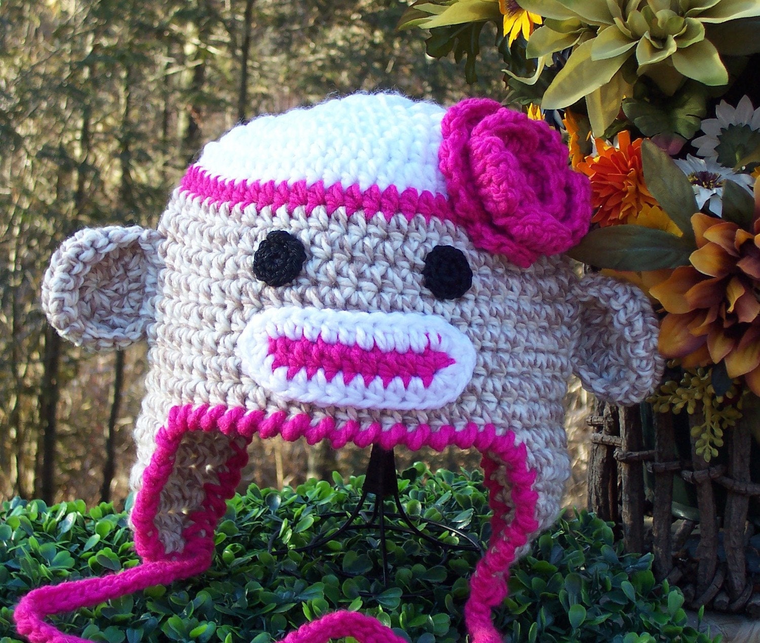 Sock Monkey Earflap Hat- Great Photography Prop (Beige, White and Hot Pink) You choose the size (0-3 mths, 3-6 mths, 6-12 mths, 1-3 years)
