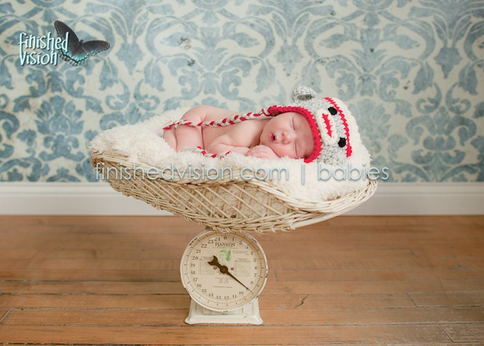 Sock Monkey Earflap Hat  (Grey, Cream, and Red) You choose the size (Newborn/0-3 months, 3-6 months, 6-12 months, 1-3 years)