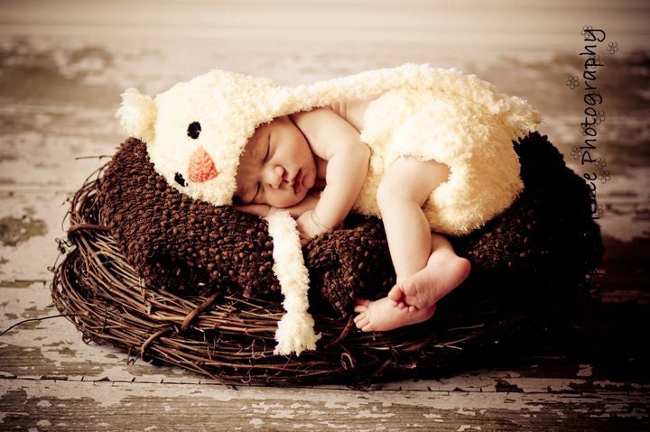 Newborn Baby Chick Birdie Beanie Hat with Ties and Matching Diaper Cover - Great Photography Prop  (Yellow and White)