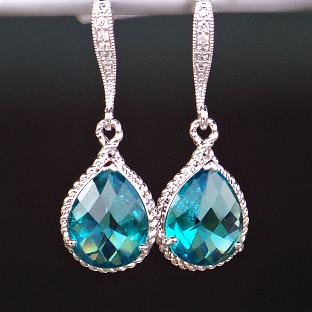 Teal Crystal Teardrops Framed in Silver, Hanging From French Jeweled Earrings