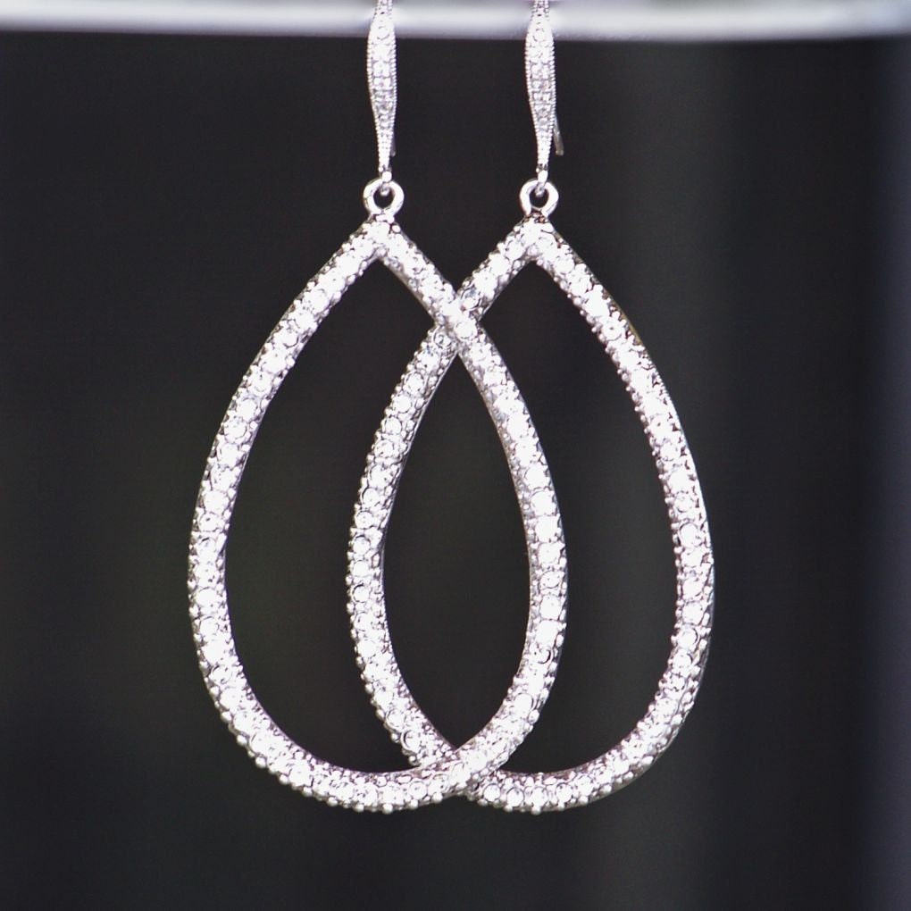 Cubic Zirconia Teardrop Hoop Earrings in Silver with CZ Detailed French Earrings