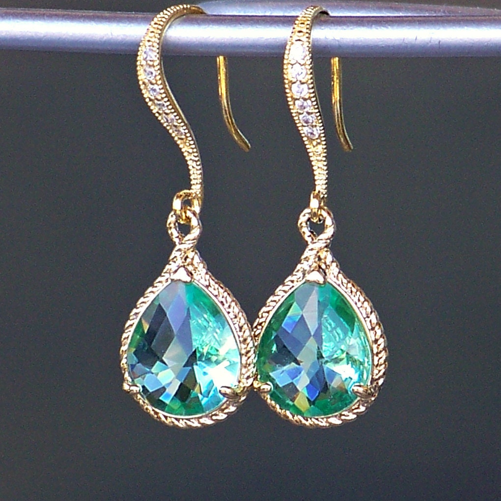 New Color/ Sea Glass Crystal Teardrops Framed in Gold, Hanging From French Jeweled Earrings