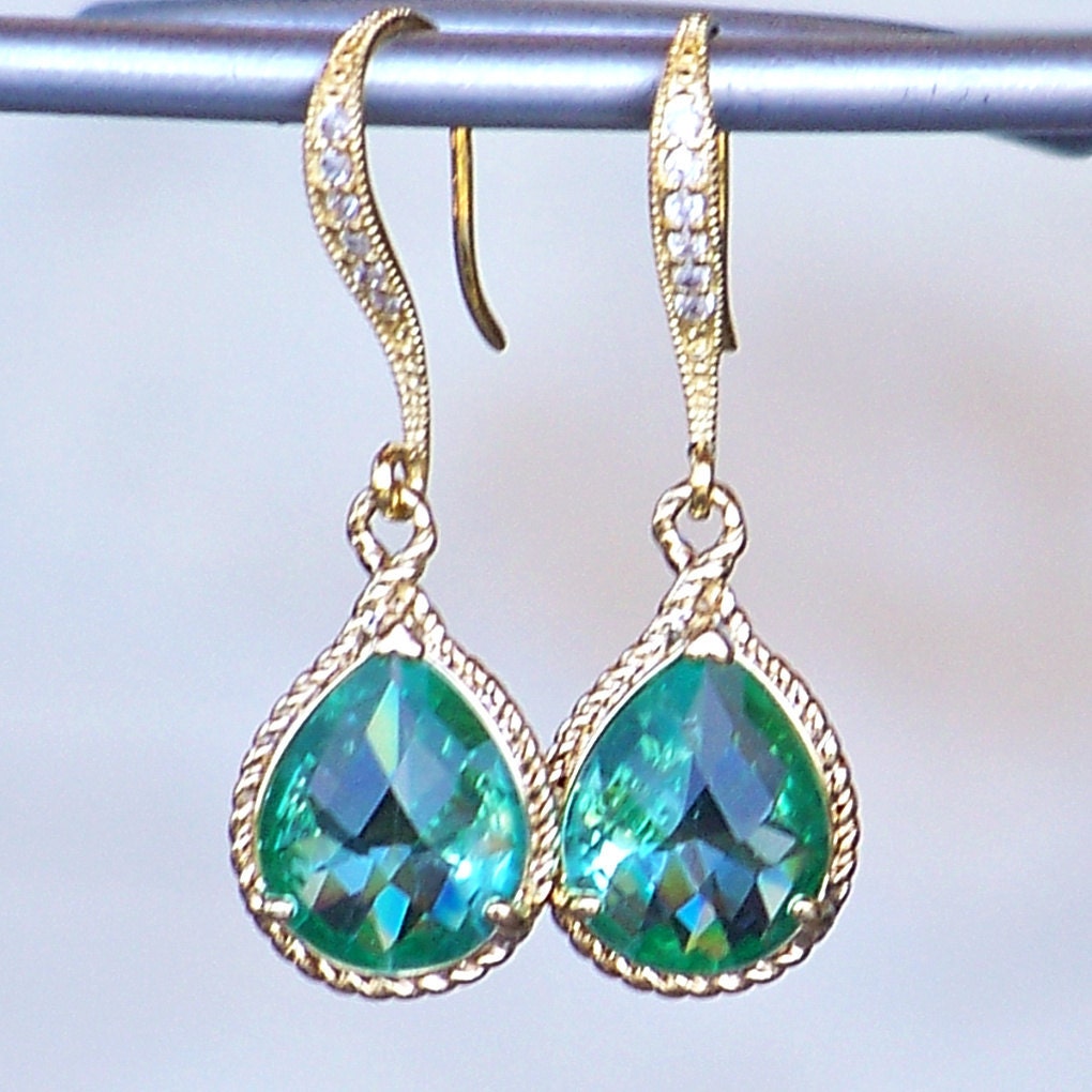 New Color/ Sea Glass Crystal Teardrops Framed in Gold, Hanging From French Jeweled Earrings