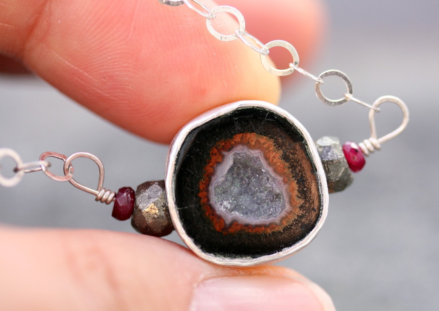 Geode, Ruby, and Pyrite Sterling Silver Necklace