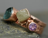 Rose Gold Wedding and Engagement Ring set with Rough Diamond and Gemstones