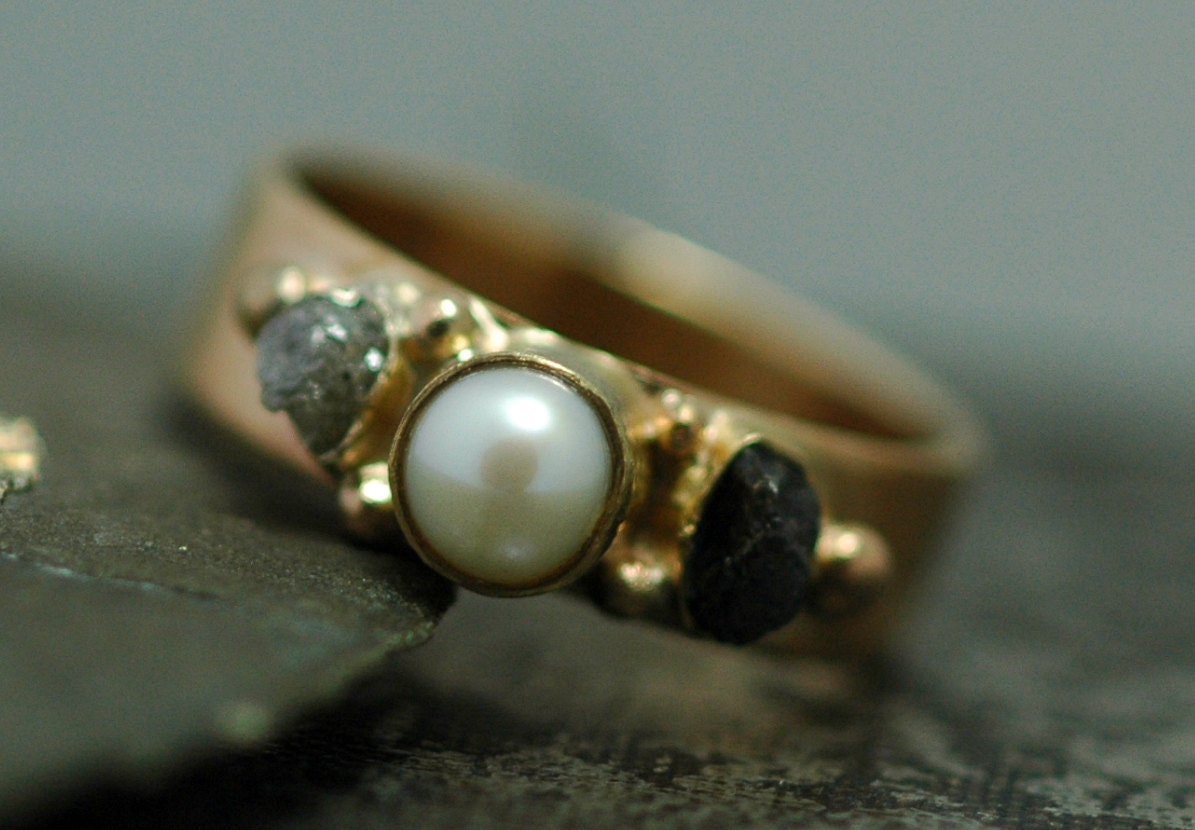 14k Yellow Gold Ring with Rough Diamonds and Pearl- Custom Made