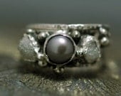 Diamond and Pearl Engagement Ring with Sterling Silver Wedding Band- Custom Made