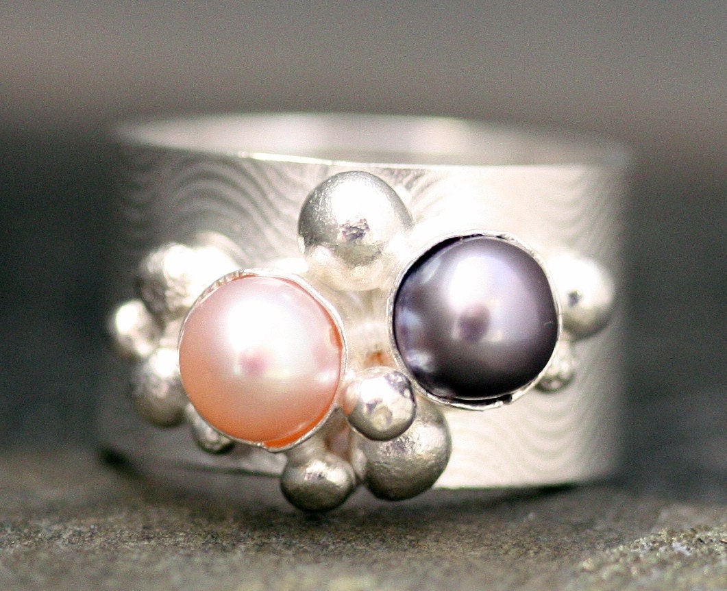 Colored Pearls in Textured Sterling Silver Ring- Choose Your Pearls