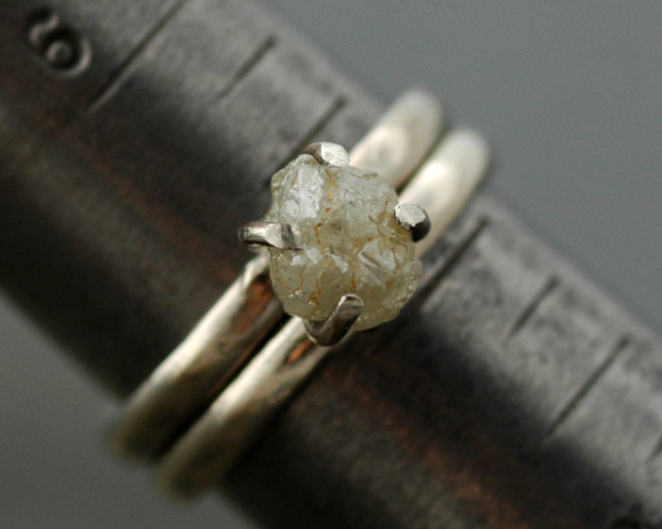 Prong-Set Rough Large Diamond Engagement Wedding Two Ring Set in 18k White or Yellow Gold- Size E Diamonds