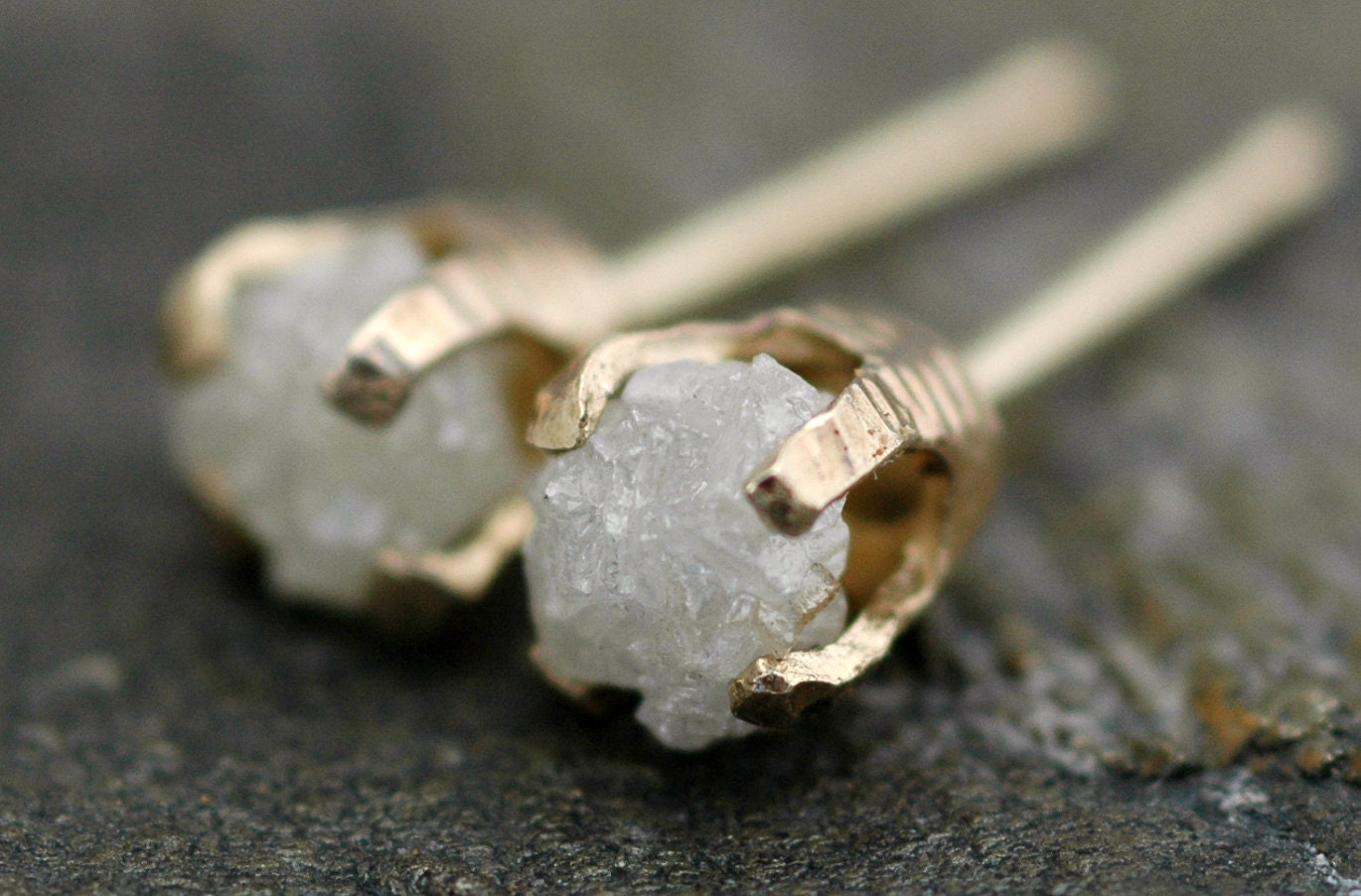 Rough Diamonds in Textured 14k Yellow Gold Post Earrings