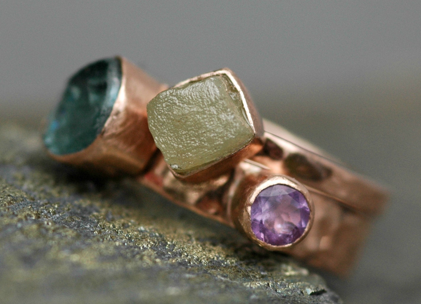 Rose Gold Wedding and Engagement Ring set with Rough Diamond and Gemstones