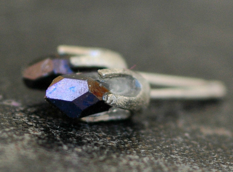 Little Cobalt Aura Quartz Points in Textured 14k White Gold Earrings
