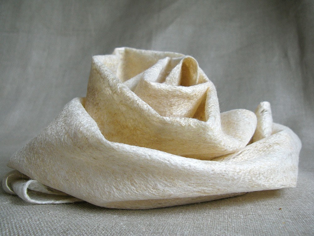 Cashmere & muga silk felt scarf  WHITE GOLD wrap wedding shawl organic luxury felted women scarves under 100