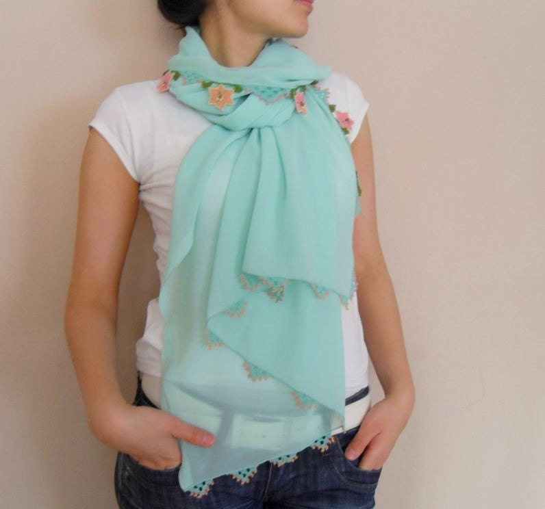 Needle Lacework - Traditional Turkish Oya Shawl- Mint Green, Gift For Her,