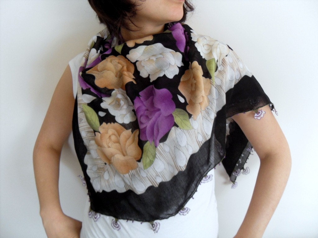 Amethyst Purple Roses Needle Lacework Turkish Traditional Cotton Shawl, Lilac Lavender White Honey Camel Caramel Flowers Gift For Her