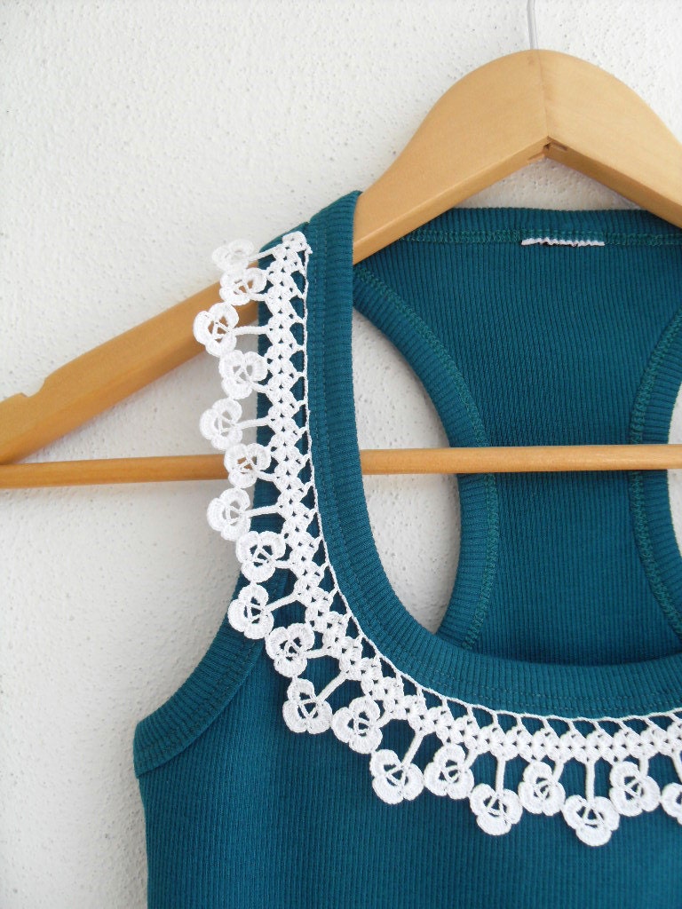 Crocheted Lace Collar Cotton Yarn Top, Blouse, Tunic, Gift For Her, White And Teal Green Halter Top