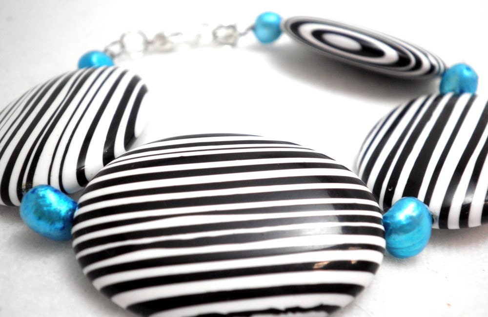 Bracelet a Black and White Statement in Stripes with Turquoise Fresh Water Pearls