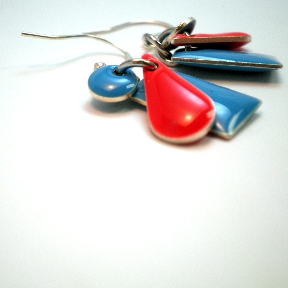 Earrings - Stacked Shapes - Candy Drop Epoxy Beads in Brilliant Blue and Bright Red