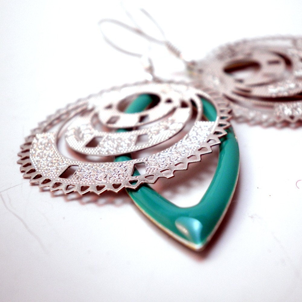 Silver Filigree Charm Earrings accented by Turquoise Epoxy Hollow Marquise Candy Drops
