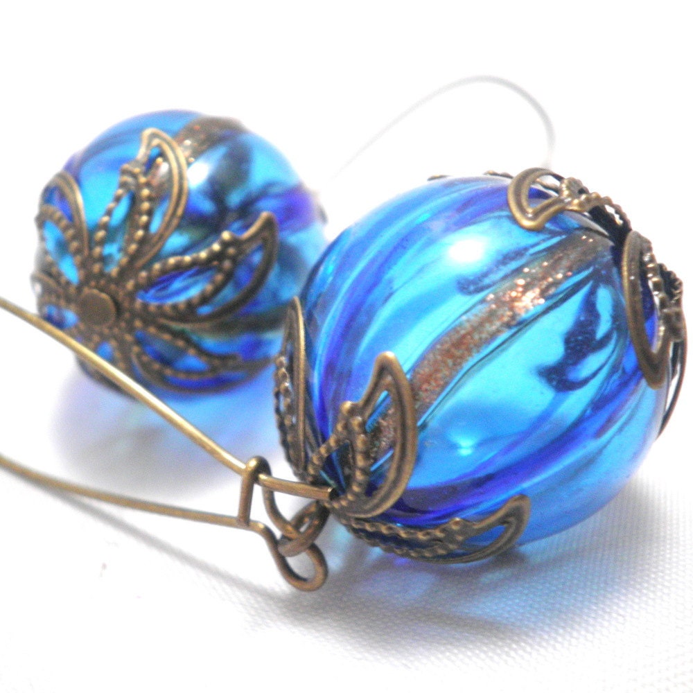 Hollow Glass Earrings - Gold Glitter Striped Sapphire Blue Hollow Glass Orbs Accented with Victorian Style Brass Findings
