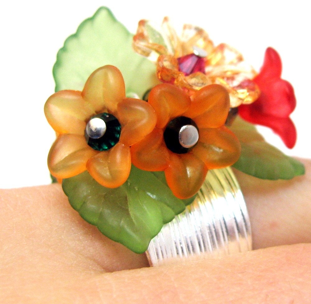 Wide Banded Ring - Bouquet of Flowers - Adjustable Hill Tribe Silver