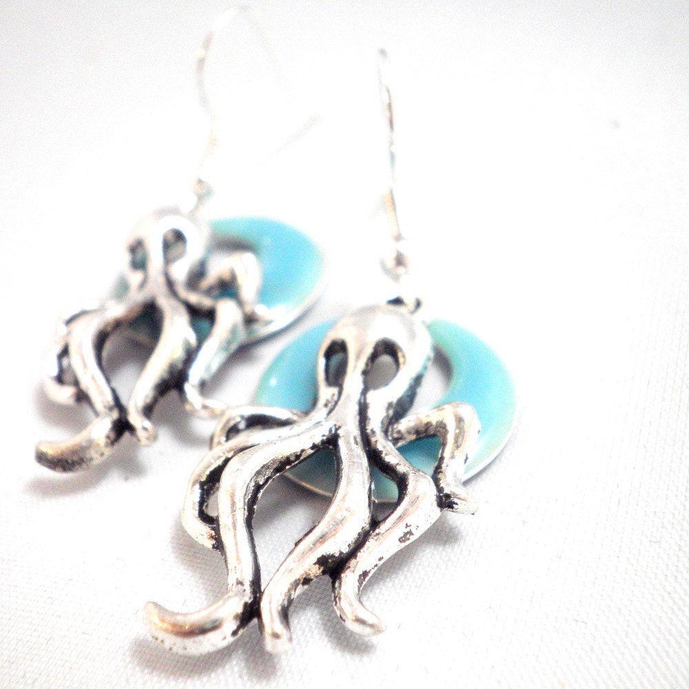 Octopus Charm Earrings - Sea Blue Epoxy Circular Go Go  Candy Drops Accented with a Silver Charm